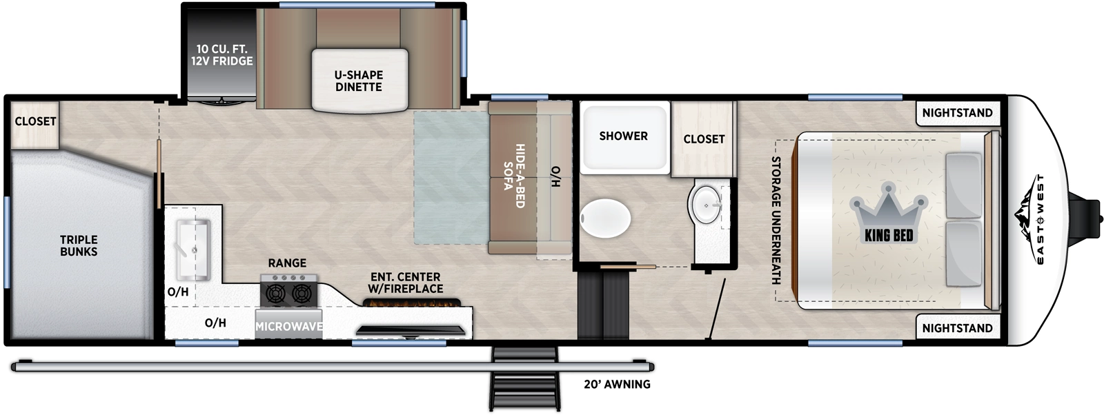 The Blackthorn 279BH floorplan has one entry and one slide out. Exterior features include: fiberglass exterior and 20' awning. Interiors features include: bunk beds, u-dinette and front bedroom.